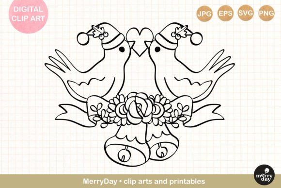 Christmas Birds and Bells Line Art Graphics