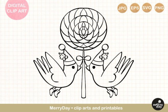 Christmas Birds with Lollipop Line Art Graphics & Illustrations