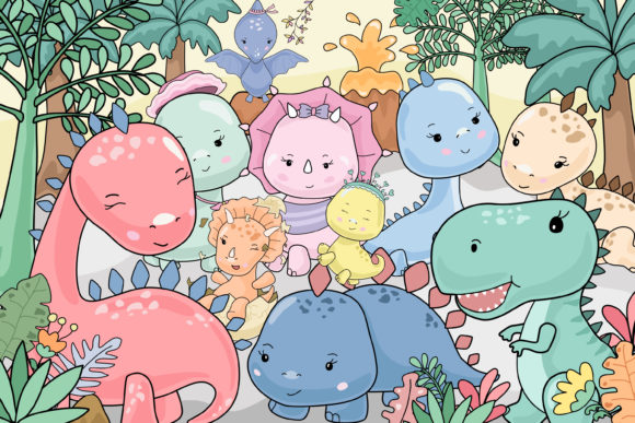Cute Dinosaurs World Graphics and Illustrations