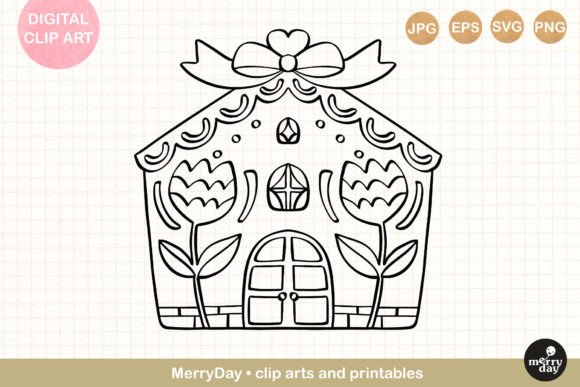 Gingerbread House Ornament Line Art Graphics & Illustrations